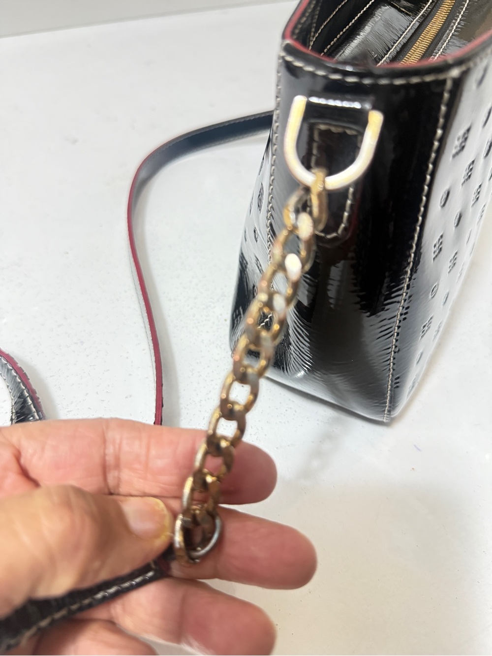 Arcadia Black Patent Crossbody with Red. embossed design - Picture 9 of 15